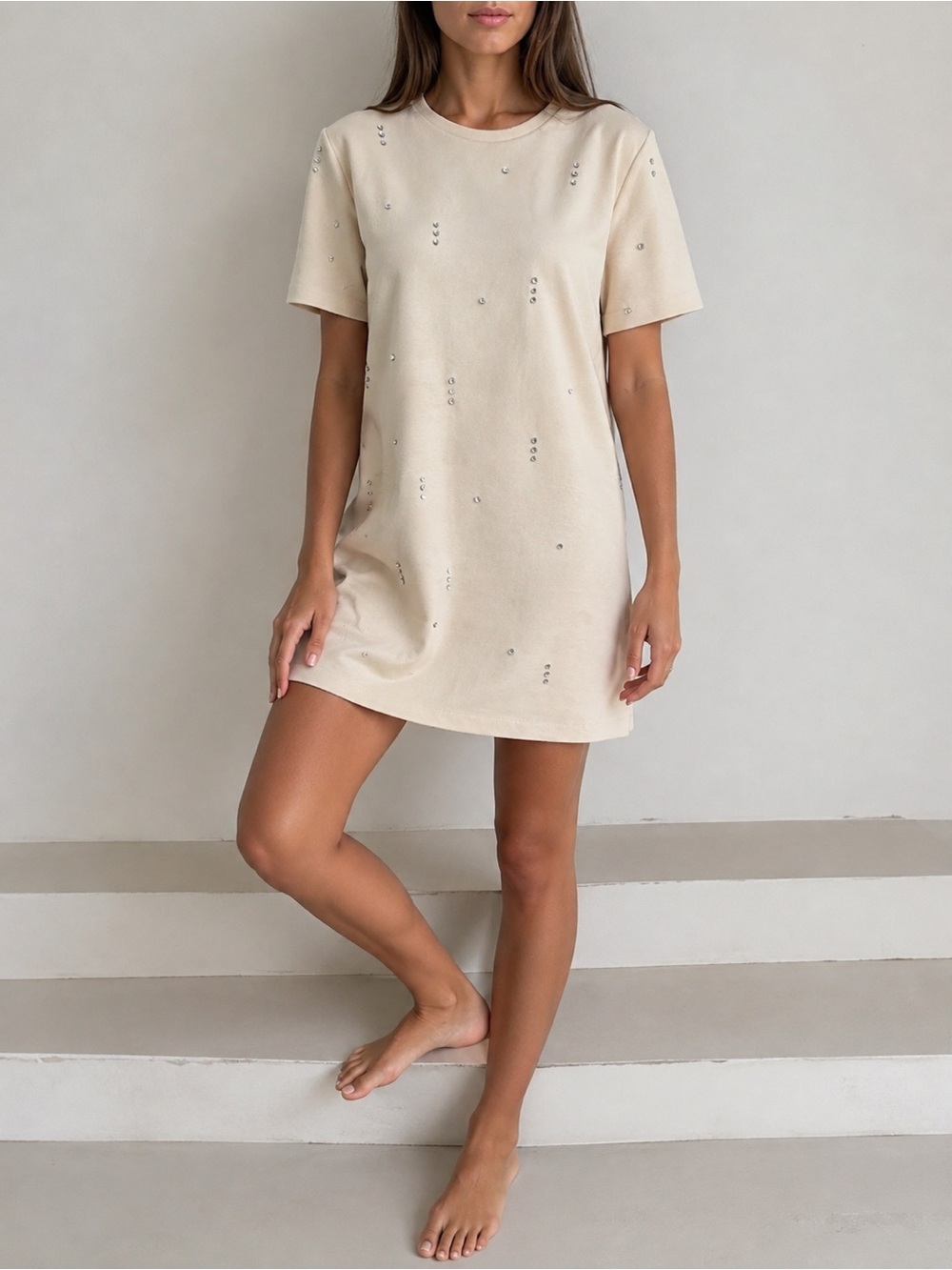 ZARA Beige Faux Suede Rhinestone Embellished T-Shirt Dress – XL